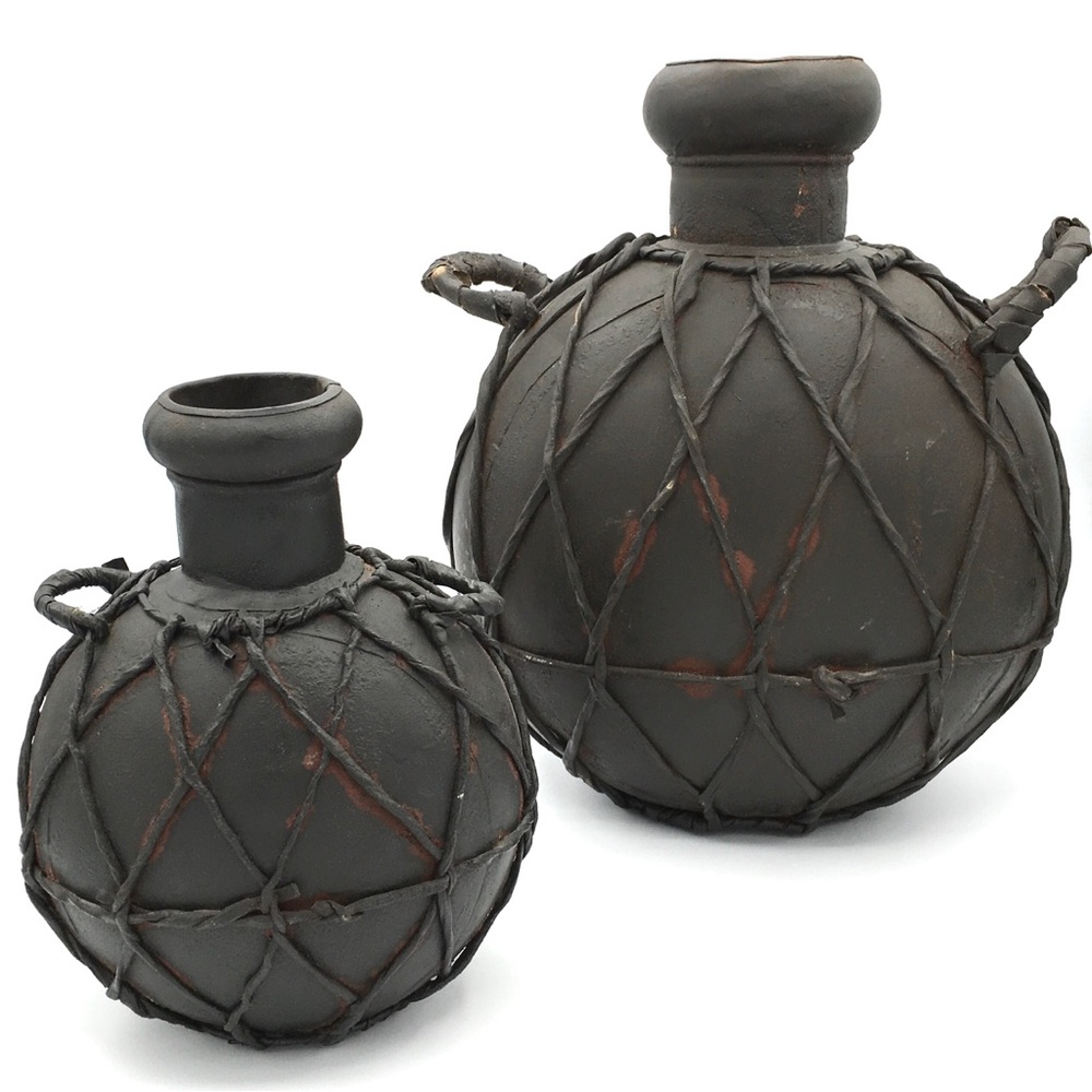Italian Decorative Leather Wrapped Metal Canteen Water Jugs 12” & 8” Set of 2
